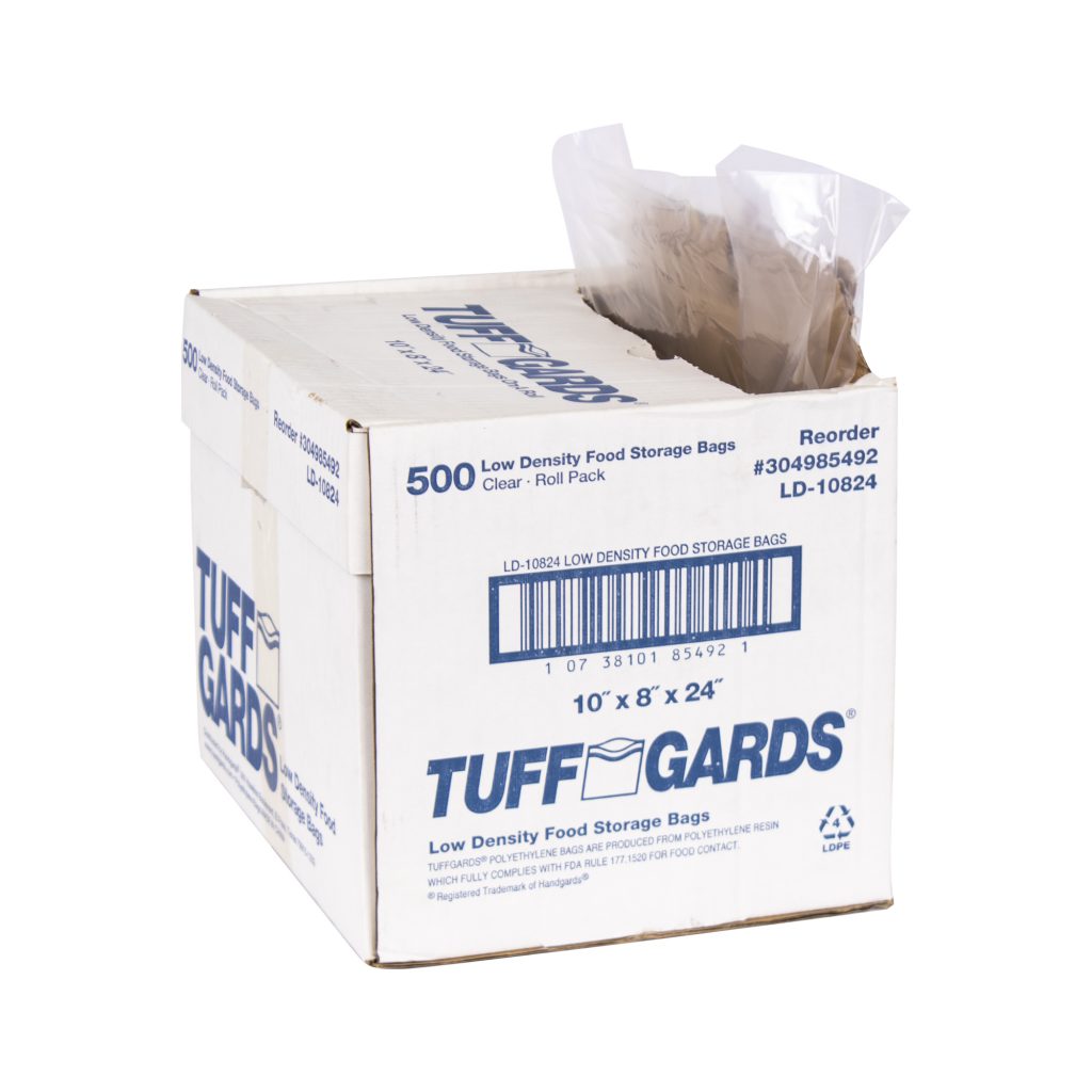 Tuffgards® Low Density Disposable Food Storage Bags – LD10824 – 10″ x 8″ x  24″ – 1.25 mil – Handgards®