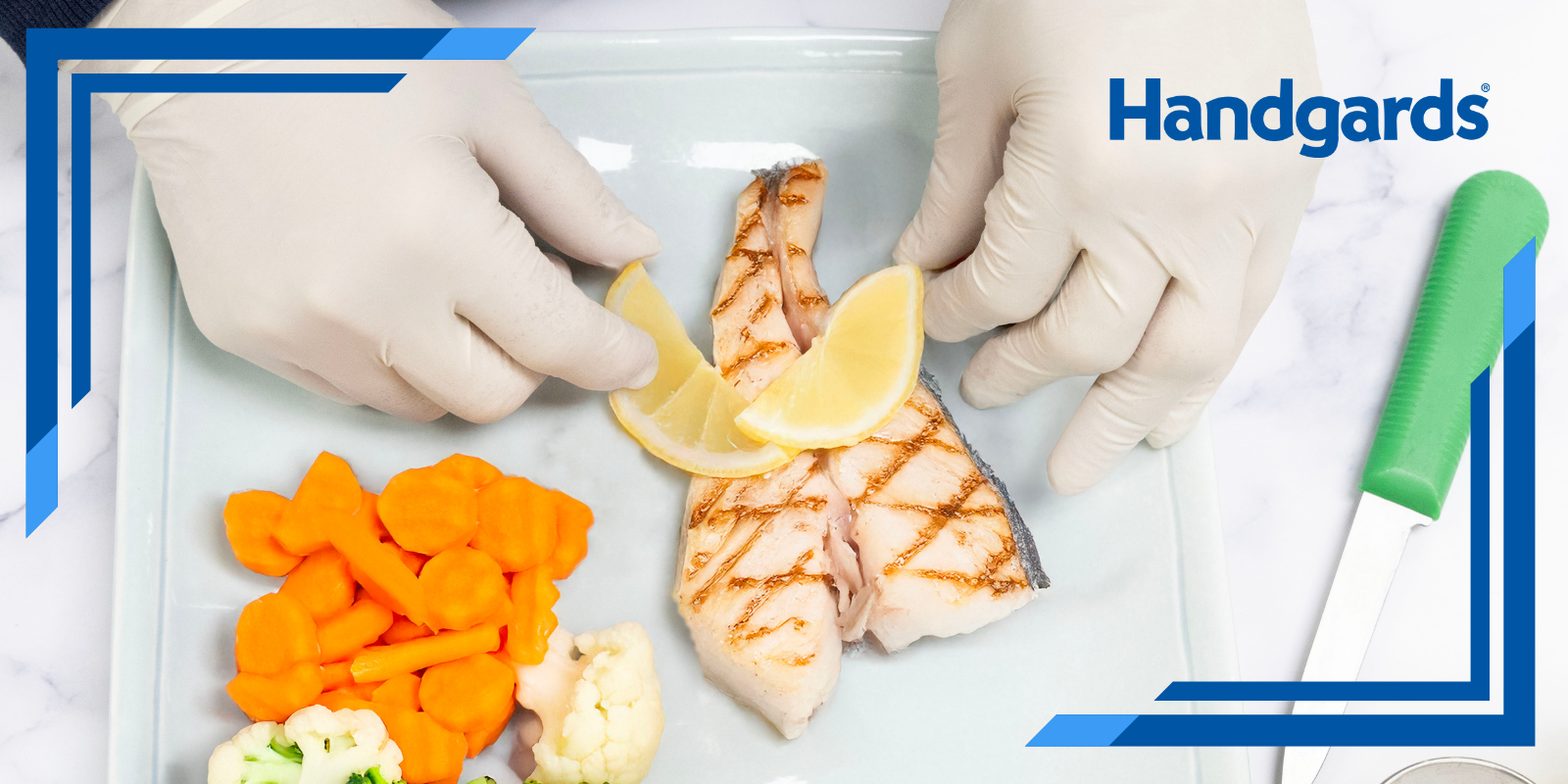 Latex gloves and arranging lemon on fish