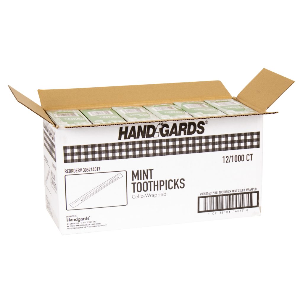 https://handgards.com/wp-content/uploads/2020/08/305214017-Handgards%C2%AE-Wood-Disposable-Round-Toothpicks-Mint-Flavor-Cello-Wrapped-Open-Case-1024x1024.jpg