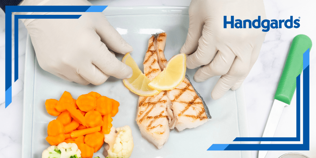 Latex gloves and arranging lemon on fish